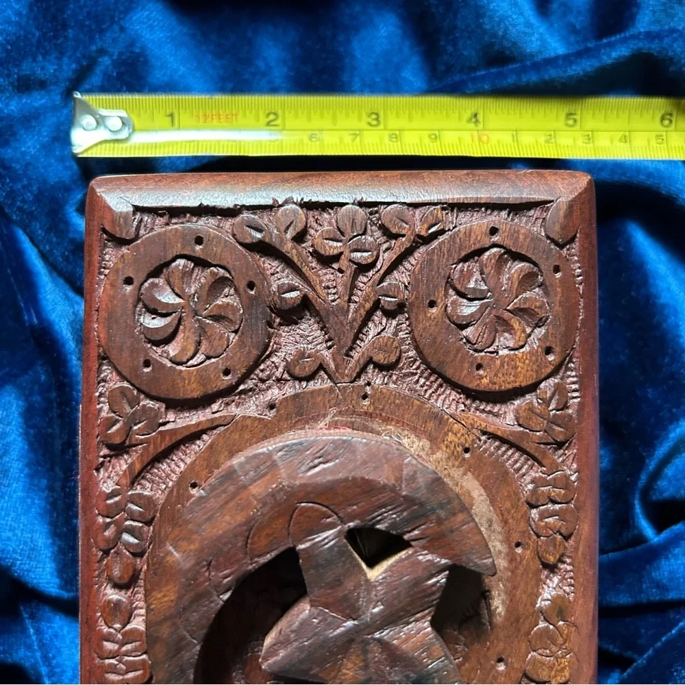 Handcarved Wooden Box with Star and‎ Moon Relief Design